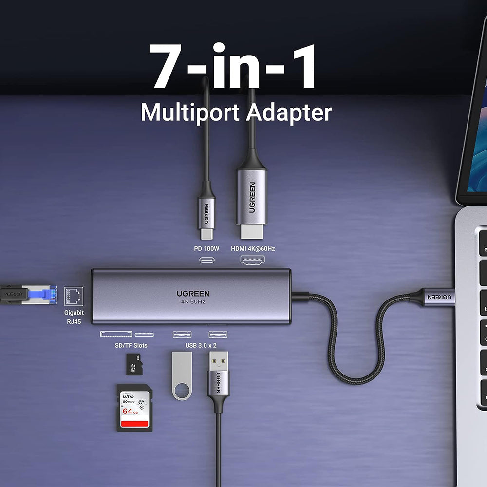 USB-C Hub - 2x USB 3.0, HDMI, RJ45. SD & TF, with PD port