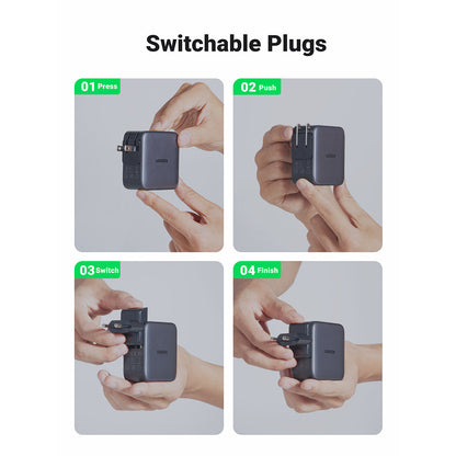 Chargeur rapide de voyage mondial USBA 2x USB-C 65 W GaN Tech