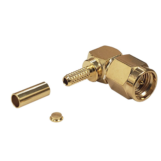 SMA Right Angle Male Crimp Connector for RG174 (LMR-100) 50 Ohm - Gold