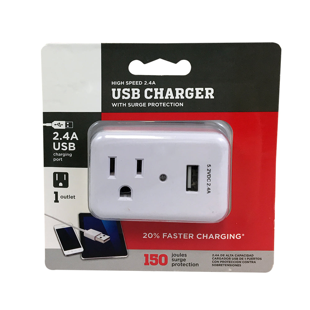 1 Outlet Power Tap - 150J Surge protection, 1 Fast Charge USB Port - White