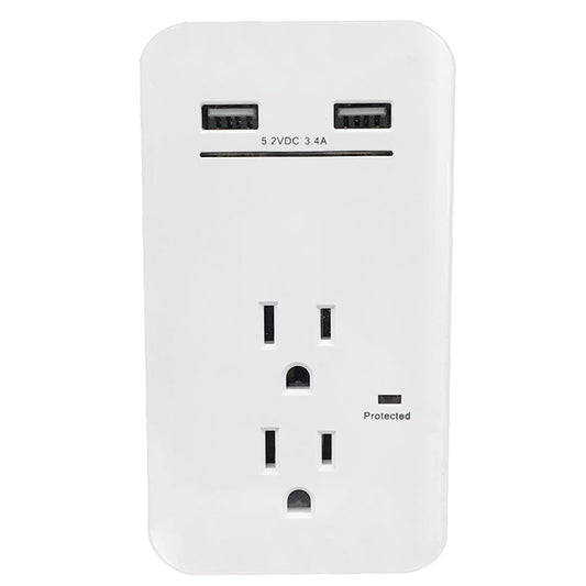 2 Outlet Power Tap - 450J Surge protection, 2 Fast Charge USB Port - White