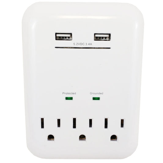 3 Outlet Power Tap - 950J Surge protection, 2 Fast Charge USB Port - White